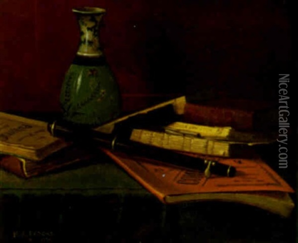 Still Life With Fife, Books And Vase Oil Painting - Nicholas Alden Brooks