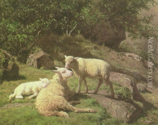 A Summer Landscape With A Sheep And Two Lambs Oil Painting - Auguste (Francois Auguste) Bonheur