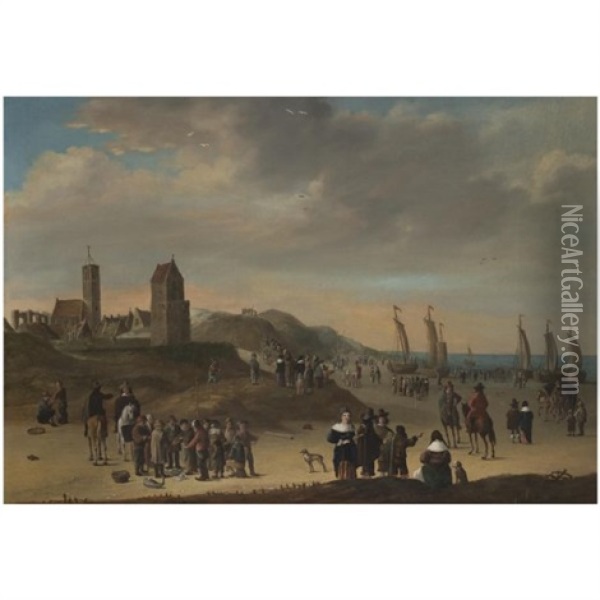 Elegant Figures Strolling On The Beach At Egmond Aan Zee, Sailing Vessels Moored On Shore, And Fisher Folk Selling Their Catch In The Foreground Oil Painting - Cornelis Beelt