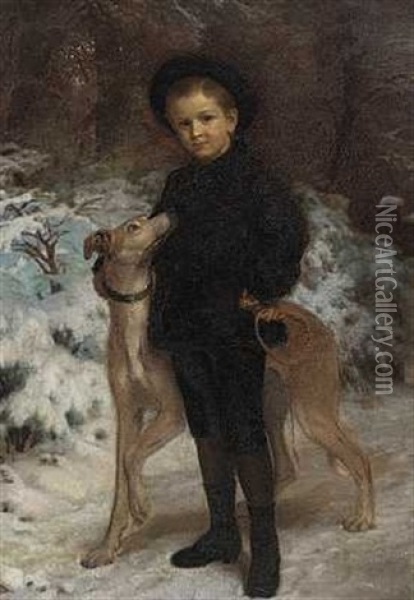 En Dreng Med En Hund. Portraetgruppe Af Fru Gyldendals Son I Vinterlige Omgivelser Oil Painting - Henrik Benedikt Olrik