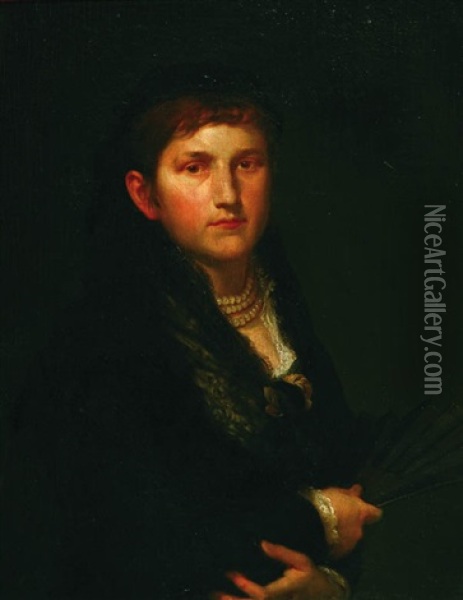 Portrait Of Lady With A Fan Oil Painting - Frantisek (Franz) Zenisek
