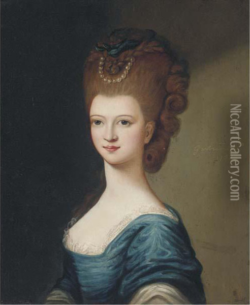 Portrait Of A Lady, Bust-length, In A Blue Dress Oil Painting - Thomas Gainsborough