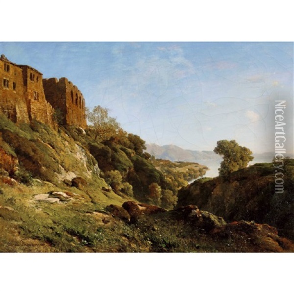 Sommerlandschaft Mit Festungsanlage Und Bucht Oil Painting - Alfred Chavannes