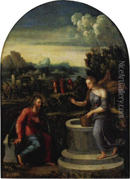 Christ And The Samaritan Woman At The Well Oil Painting - Master Of The Twelve Apostles