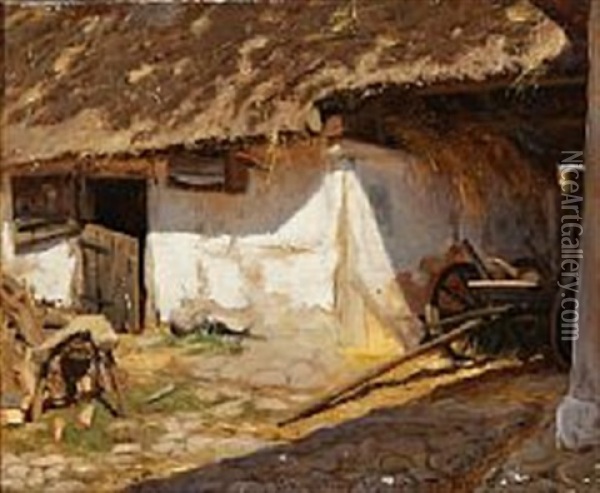 A Sunlit Thatched Cottage Oil Painting - Viggo Pedersen