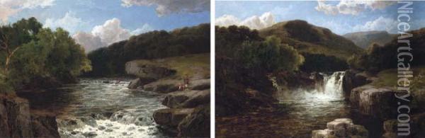 Anglers By A Rapid; And A Waterfall In A Mountainouslandscape Oil Painting - James Burrell-Smith