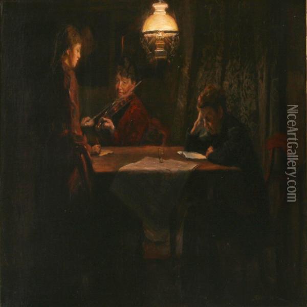 Interior With A Mother And Herchildren Oil Painting - Soren Christiansen