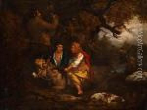Zwei Kinder Mit Einem Esel Unterknorrigen Eichenbaumen Oil Painting - George Morland
