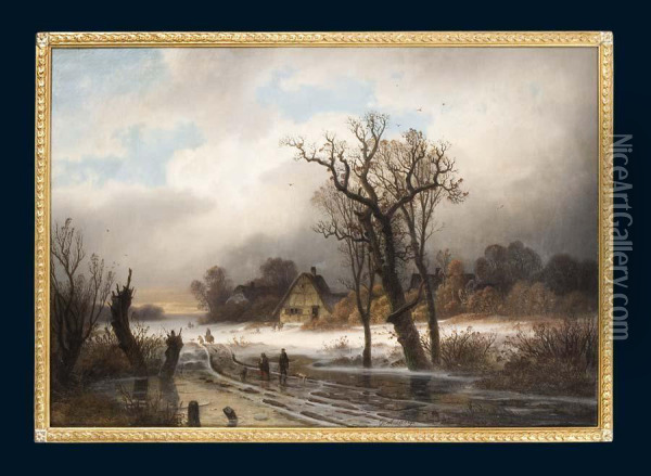 Romantische Verschneite Dorflandschaft Oil Painting - Gustav Johann Lange