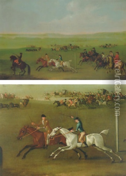 A Match At Newmarket, Probably At The Turn Of The Lands On The Beacon Course Oil Painting - Thomas Burford
