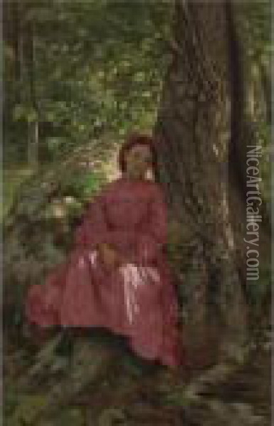 Resting In The Woods (girl Under A Tree) Oil Painting - John George Brown