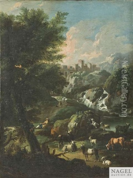 Italienische Landschaft Mit Burg Und Einer Viehherde Am Wasserfall Oil Painting - Johann Melchior Roos