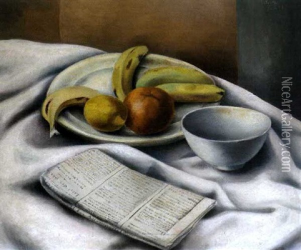 Stilleben Mit Fruchten Und Zeitung Oil Painting - Amade (Ernst Amadeus) Barth