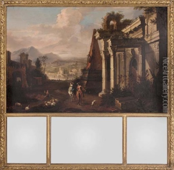 A Classical Landscape With Figures On Horseback And A Shepherd With His Flock By Ruins Oil Painting - Marco Ricci
