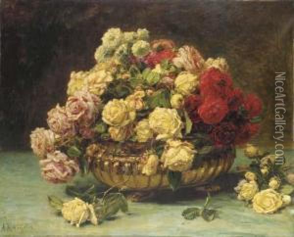 A Bouquet Of Roses In A Silver Monteith Oil Painting - Alexis Kreyder