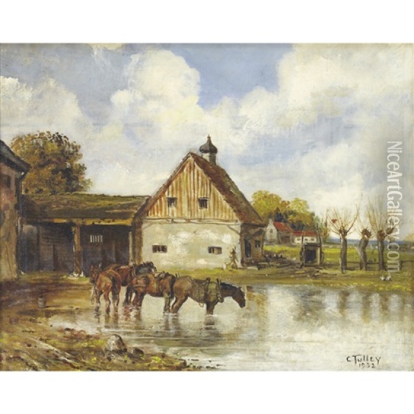 Houses And Barns With Horses Oil Painting - Charles Tulley