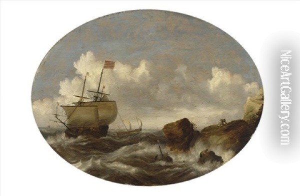 An English Merchantman And Other Vessels In A Rough Sea, With A Shipwreck Near The Rocks In The Foreground Oil Painting - Bonaventura Peeters the Elder