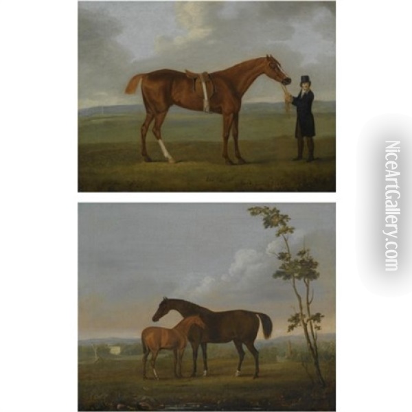 Old Eclipse Held By A Trainer (+ Spilette With Eclipse As A Foal; 2 Works) Oil Painting - John Nost Sartorius
