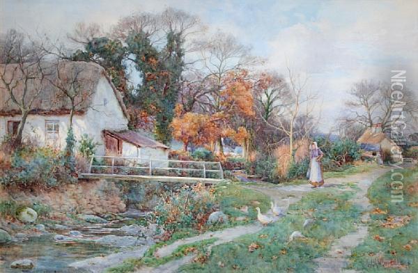 Autumn Sunshine, Pen Y Bont Cottage, Llan Conway Oil Painting - Ralph William Bardill