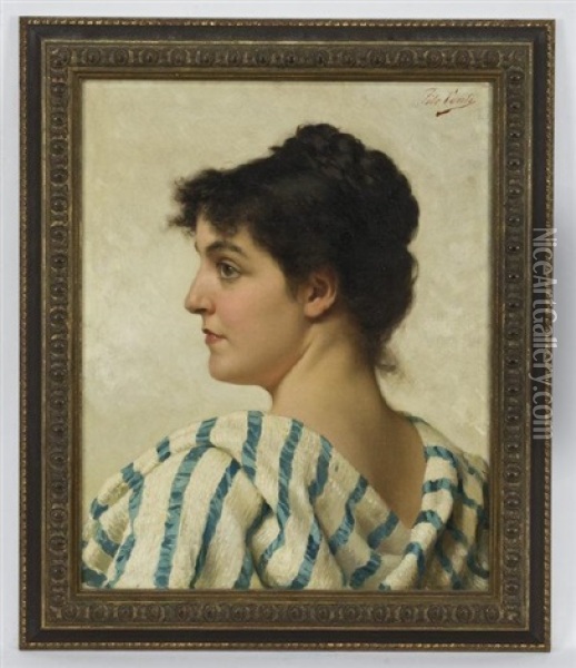 Profile Of A Young Woman Wearing A Blue And White Shawl Oil Painting - Tito Conti