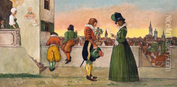 Der Brautwerber, Im Hintergrund Blick Auf Die Munchner Altstadt Oil Painting - Franz Ringer