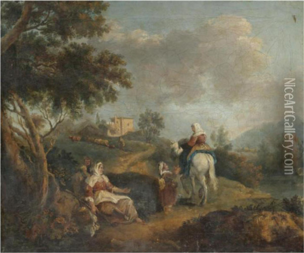 A Southern Landscape With Figures Conversing With A Woman On Horseback In The Foreground Oil Painting - Francesco Zuccarelli