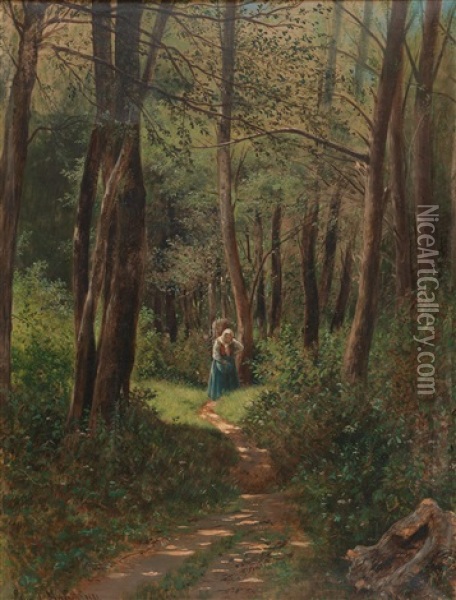 Woodland Landscape In Summer With Woman Gathering Brushwood Oil Painting - Eduard Maisch