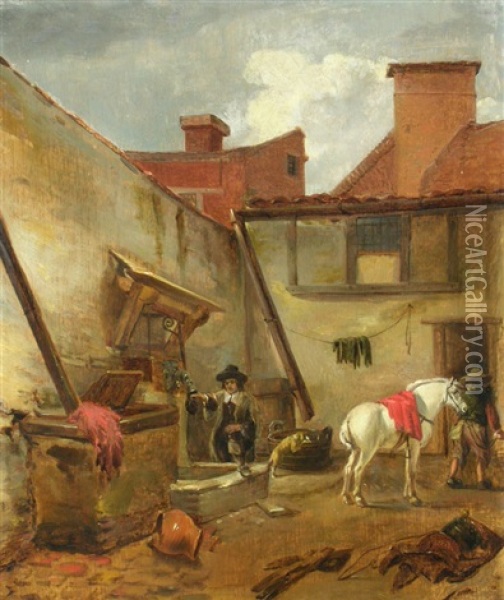 Rastender Reiter In Einem Innenhof Am Brunnen Oil Painting - Hendrick Van Der Burch