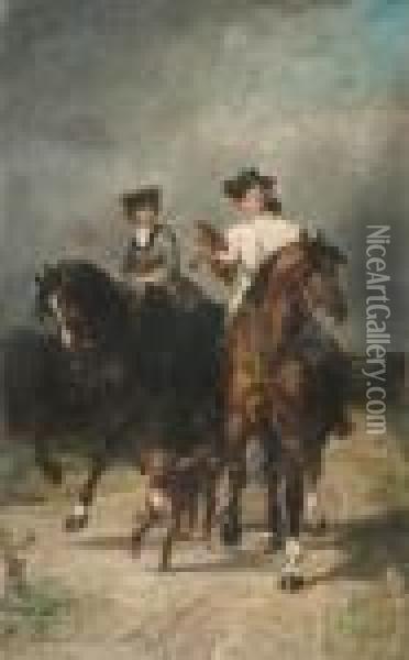 Couple A Cheval Chassant Au Faucon Oil Painting - John Lewis Brown