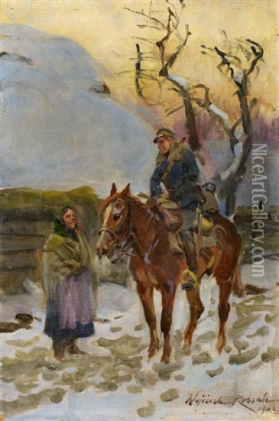 Soldat Zu Pferde Vor Bauerin Oil Painting - Woiciech (Aldabert) Ritter von Kossak