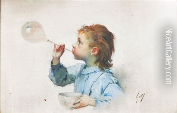 Fillette A La Bulle De Savon Oil Painting - Henry Jules Jean Geoffroy
