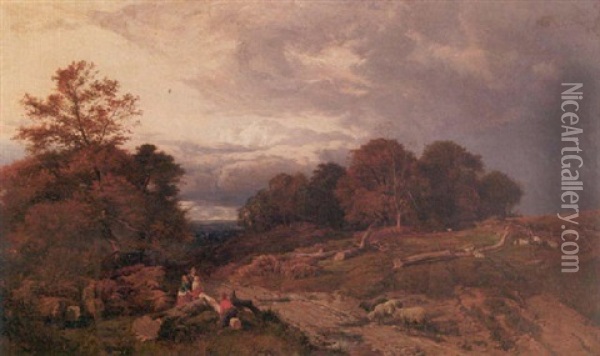 Children Playing In A Landscape Oil Painting - Sidney Richard Percy
