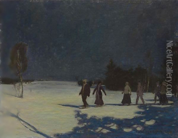 Snowshoeing By Moonlight Oil Painting - James Edward Hervey MacDonald