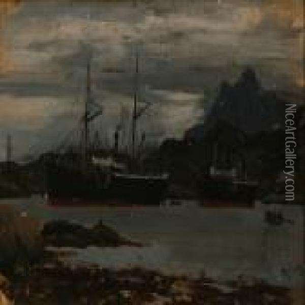 Loch Scene With Moored Steamers Oil Painting - Adelsteen Normann