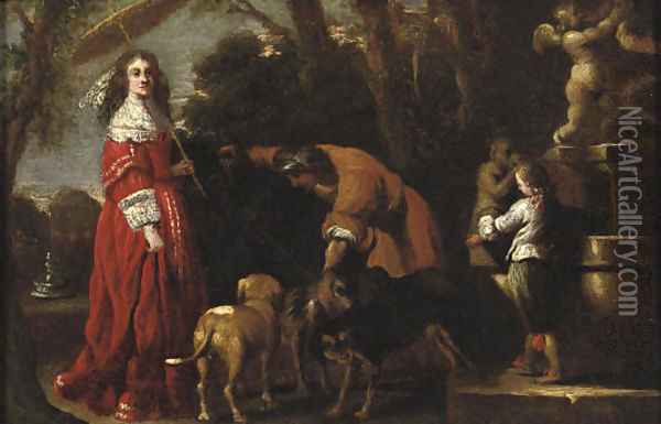 An elegantly dressed lady and her son in a parklandscape near a fountain, a male servant attending her dogs nearby Oil Painting - Barent Graat