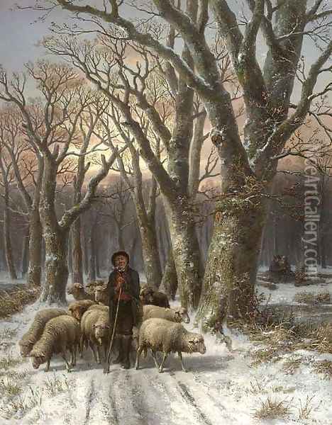 A frosty forest with a shepherd and his flock Oil Painting - Alexis de Leeuw