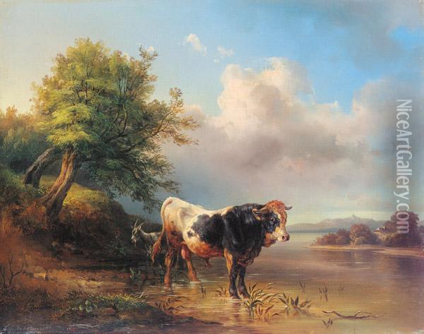 Stier Und Ziege Am Wasser Oil Painting - Edmund Mahlknecht