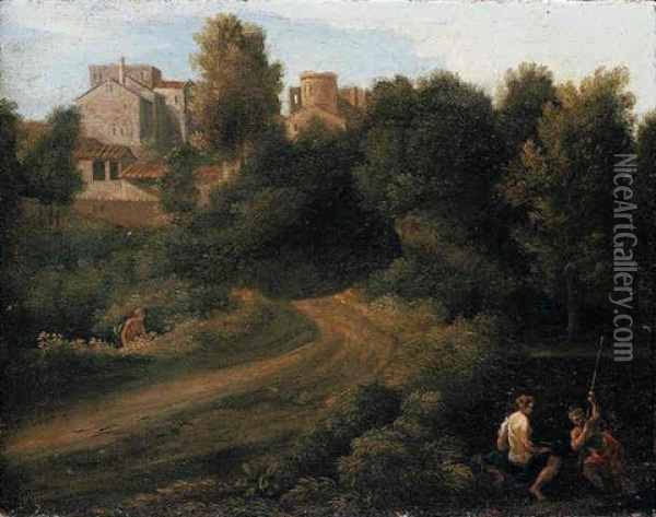 Classical Landscape With Figures Near A Bridge Leading To A Village Oil Painting - Gaspard Dughet