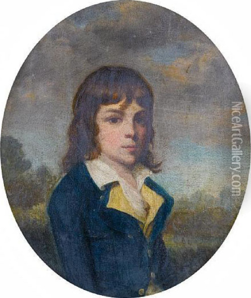 Portrait Of A Young Boy, Half-length, In A Blue Coat, A Yellow Waistcoat And A White Chemise Oil Painting - Sir Nathaniel Dance-Holland