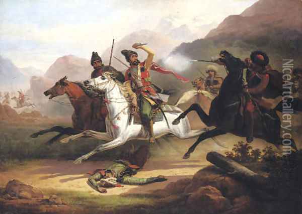 Caucasian battle Oil Painting - January Suchodolski