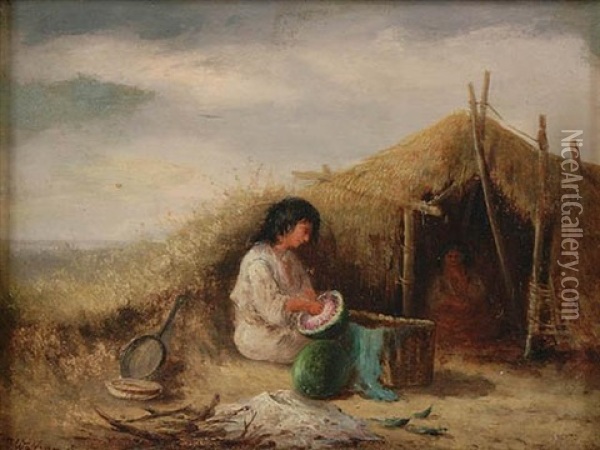 A Nomadic Woman Preparing A Melon Oil Painting - Joseph Wolfram