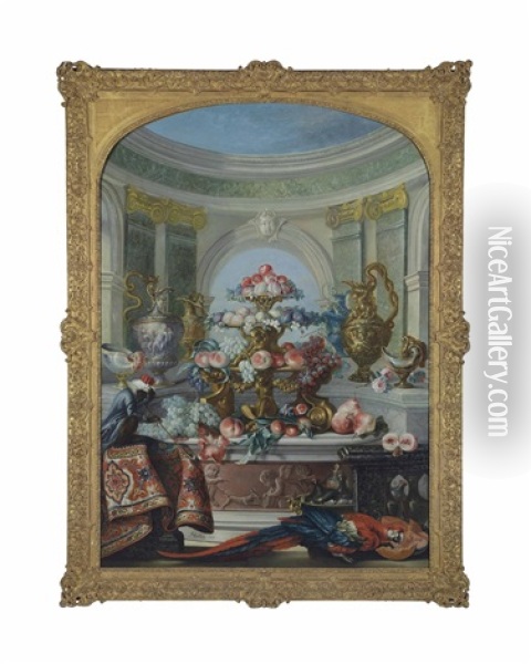 Fruit In A Gilt Tazza With Ewers On Marble Ledges And A Monkey Smoking A Pipe On A Draped Ledge, With A Macaw Oil Painting - Pierre Nicolas Huilliot