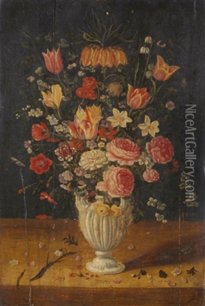 Nature Morte Au Bouquet De Fleurs Dans Un Vase Sculpte Sur Un Entablement Oil Painting - Andries Daniels