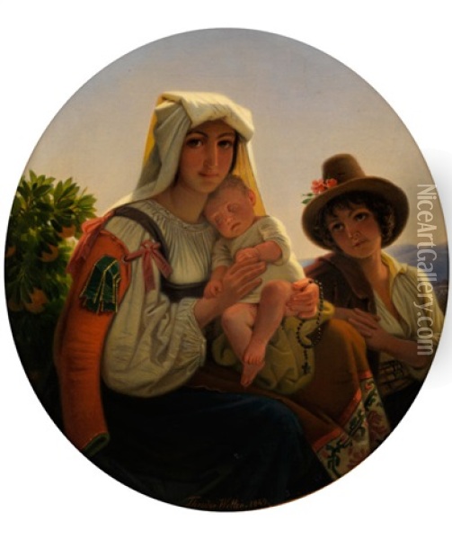 Italienische Mutter Mit Kleinkind Und Knaben In Landschaft Oil Painting - Theodor Leopold Weller