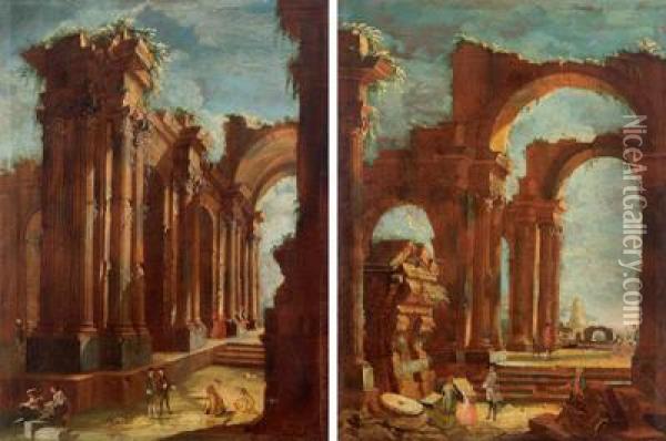 Due Capricci Architettonici Con Figure Oil Painting - Pietro Paltronieri Il Mirandolese