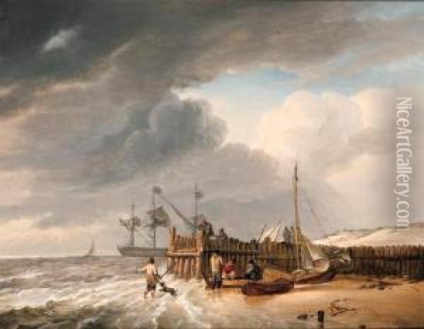 On The Beach Oil Painting - Johannes Hermanus Koekkoek