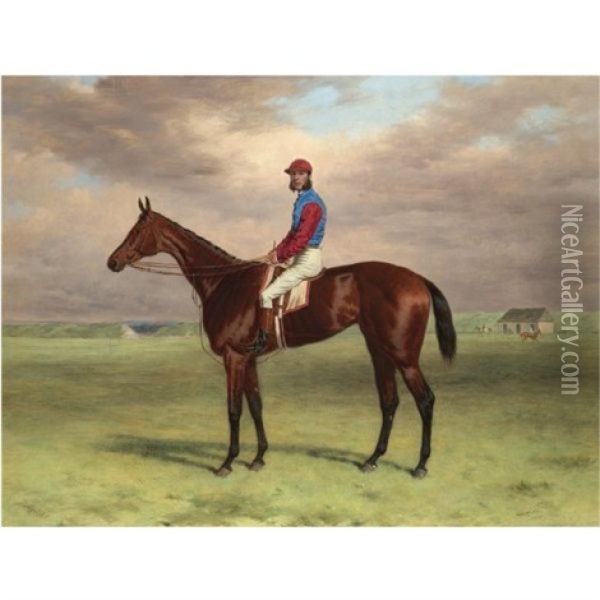 The Rev. John William King's (mr Launde's) Bay Filly "agility" With Jockey Up At Newmarket Oil Painting - Harry Hall