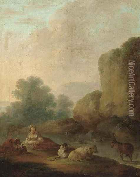 A river landscape with a shepherdess resting with her flock Oil Painting - (attr.to) Loutherbourg, Philip James de