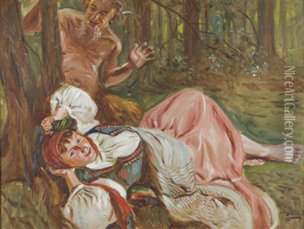 Scene With Satyr Oil Painting - Wincenty Wodzinowski