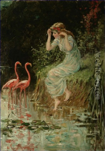 Flamingoes (sic) Depicting A Young Girl Dipping Her Toe Into A Pond Near Flamingos Oil Painting - Frederick Stuart Church